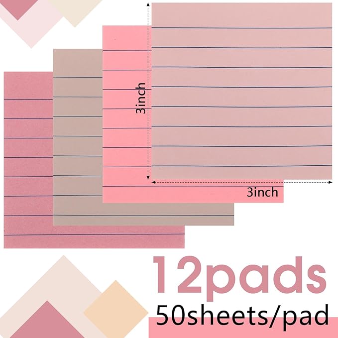 12 Pack Lined Sticky Notes 3x3 inch Post Ruled Stickies Super Self Stick Power Memo Pads Multi Colors Notes Pads Vintage Aesthetic School Office Supplies Accessories(Pink)