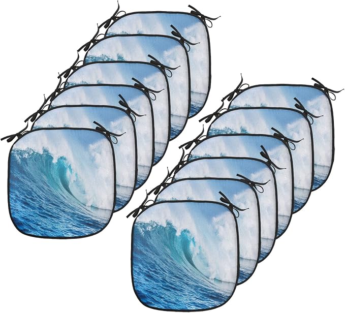 Lunarable Ocean Chair Cushion Pads Set 12, Sea Storm with a Swirling Wave Surfing Themed Sky and Water Picture Print, Anti-Slip Seat Padding for Kitchen & Patio, 16"x16", White Blue and Aqua