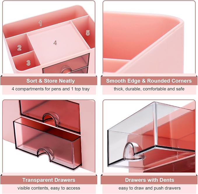 Meiikun Plastic Pen Organizer, Multifunctional Desk Organizer with 2 Drawers, 4 Compartments & a Top Tray, Pencil Holder Desktop Organizers and Accessories for Office, 7.7" x 5.5" x 3.9" (Pink)