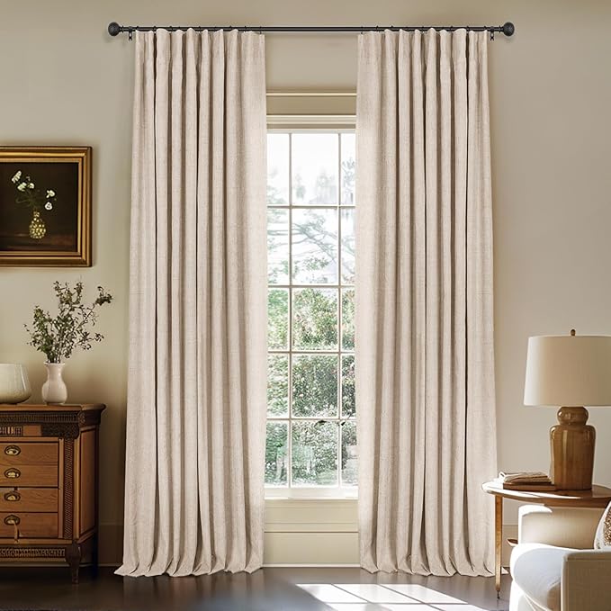 INOVADAY 100% Blackout Curtains for Bedroom, Oatmeal Black Out Curtains 84 Inch Long, Clip Rings Linen Blackout Drapes, Thermal Insulated Room Darkening for Living Room, 2 Panels - W50xL84