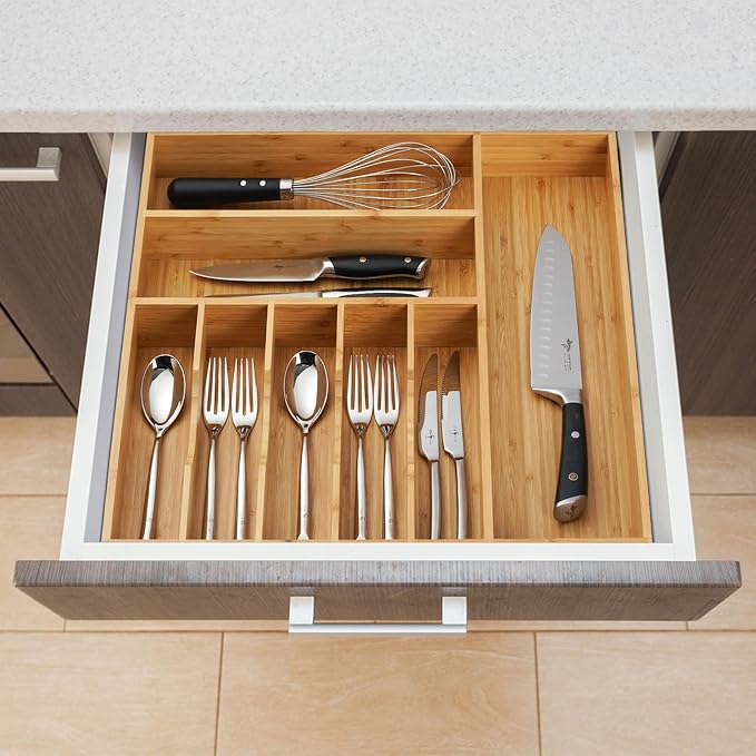 Large Kitchen Drawer Organizer, 19"x19" Silverware Utensils Organizer, 2.5" High for Large Deep Drawers, Bamboo Flatware Holder with Thick Frames, Sturdy Kitchen Organization Tray