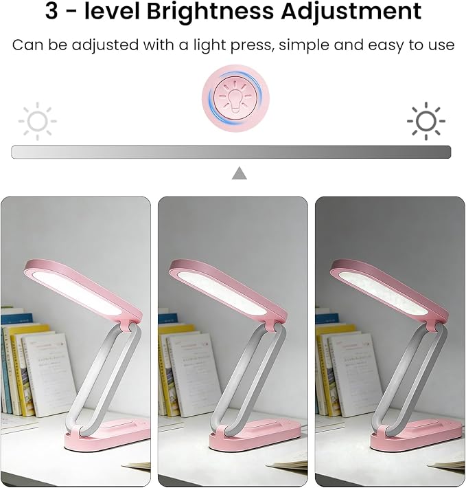 Rechargeable LED Desk Lamp, Foldable Portable Table Light with 3 Brightness Levels,Type-C USB Charging,Small Desk Lamp,Portable Bedside Wireless Reading Light,Home, Office, Nail Art,Craft,Pink