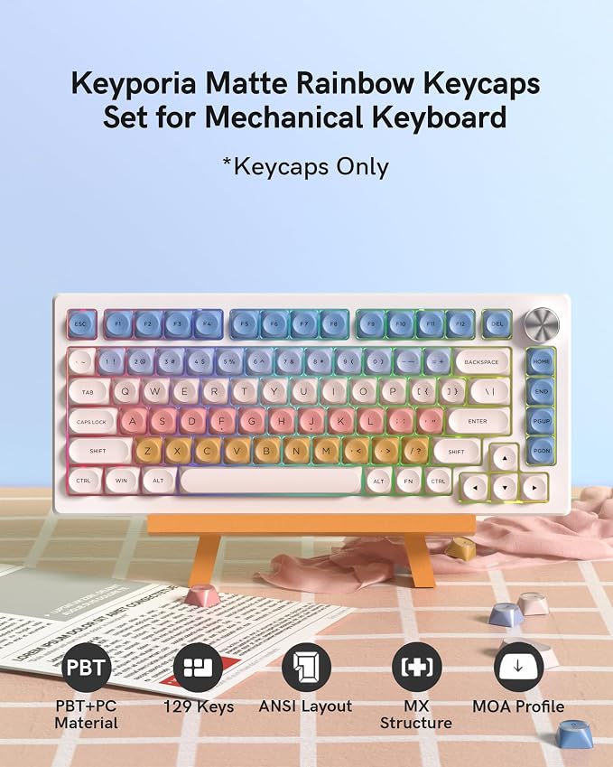 PBT Keycaps, Matte Rainbow Jelly Keycaps for MX Switches Mechanical Keyboard, MOA Profile, 129 Keys Macaron Cute Custom Key caps, Compatible with 60%, 65%, 75%, TKL, 96%, Full-Sized Layout