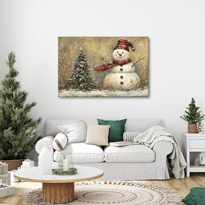 Vintage Christmas Canvas Wall Art Farmhouse Style Painting Home Decoration 32x48in,Christmas Tree Poster Funny Snowman Picture Print Retro Winter Snowy Artwork for Living Room Bedroom Ready to Hang