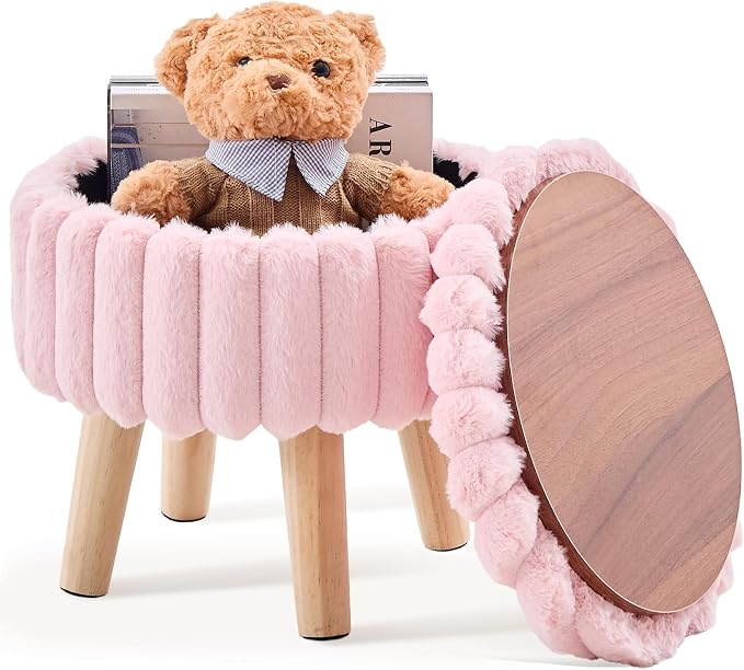 Wimarsbon Storage Ottoman, Modern Round Footrest with Soft Padded Seat, Teddy Velvet Footstool with Wood Legs, Accent Small Table or Plant Stand for Hallway, Living Room (Light Pink)