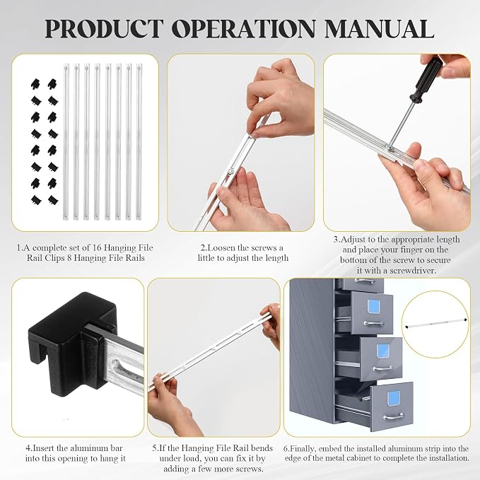 24 Pcs Metal Adjustable File Cabinet Rails Set Include 16 Hanging File Rail Clips 8 Cabinet Dividers Bars Suitable for Cabinets with Drawer Thickness Less Than 1/8 Inch(Silver,18-32.5 Inch)