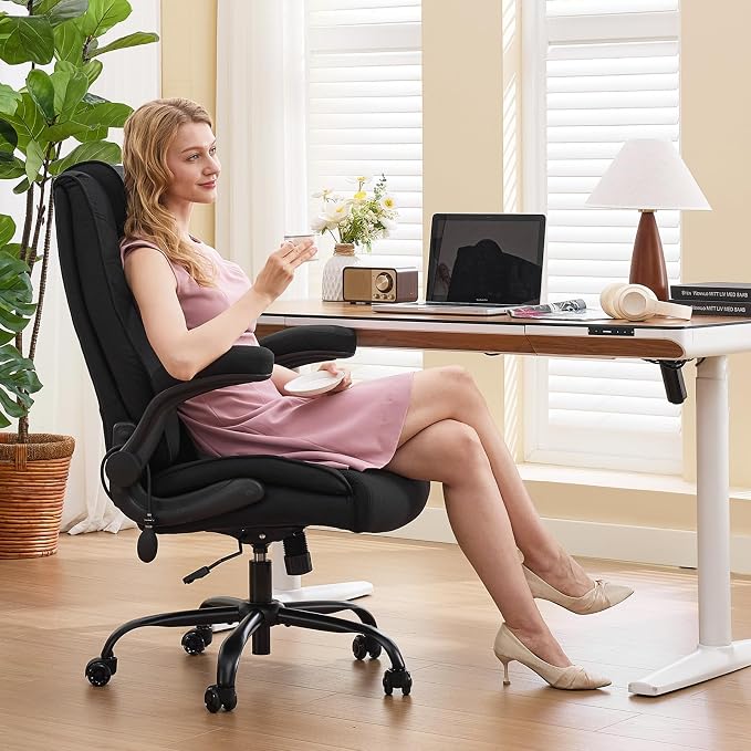 CIOMAN 500lbs Big and Tall Office Chair with Inflatable Lumbar Support, Rubber Wheels Executive Chair with Rocking Function, High Back Wide Cushion Ergonomic Desk Chair for All-Day Sitting,Matte Black
