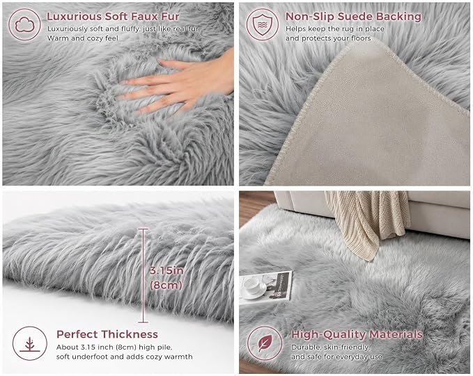 EasyJoy Faux Sheepskin Rug, 2 x 6 ft, Frosted Bottom Gray | Fluffy Faux Fur, Ultra Soft Shag, Non-Slip Backing, For Bedroom, Living Room, Nursery, Kids Room