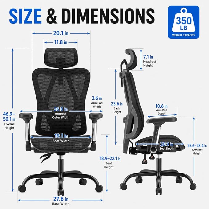 Ergonomic Office Chair, Full Mesh Desk Chair with 5D Armrests, Adjustable Lumbar Support and Headrest, 135° Stepless Reclining Backrest, Home Office Computer Chair