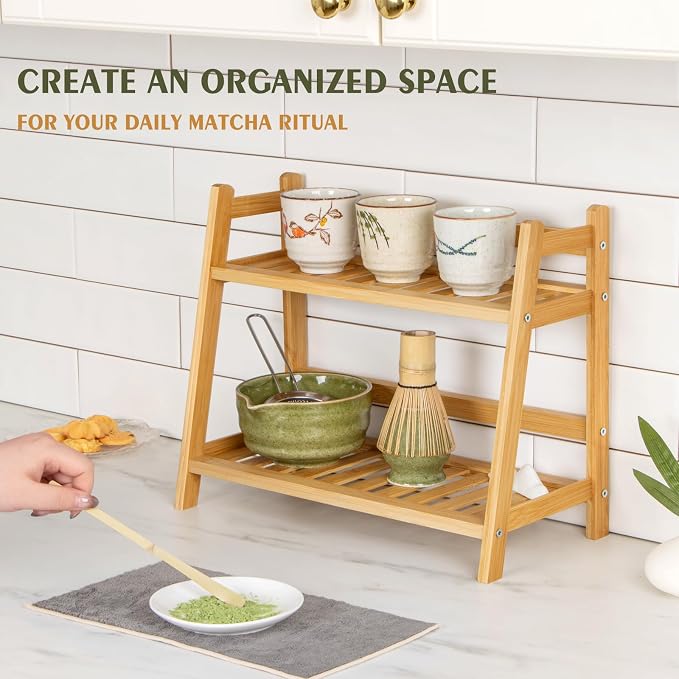 ANBOXIT Bamboo Matcha Station Organizer, Countertop 2 Tier Desktop Shelf | for Mugs, Cups, and Condiments - Ideal for Matcha & Coffee Accessories in Kitchen, Home, Office