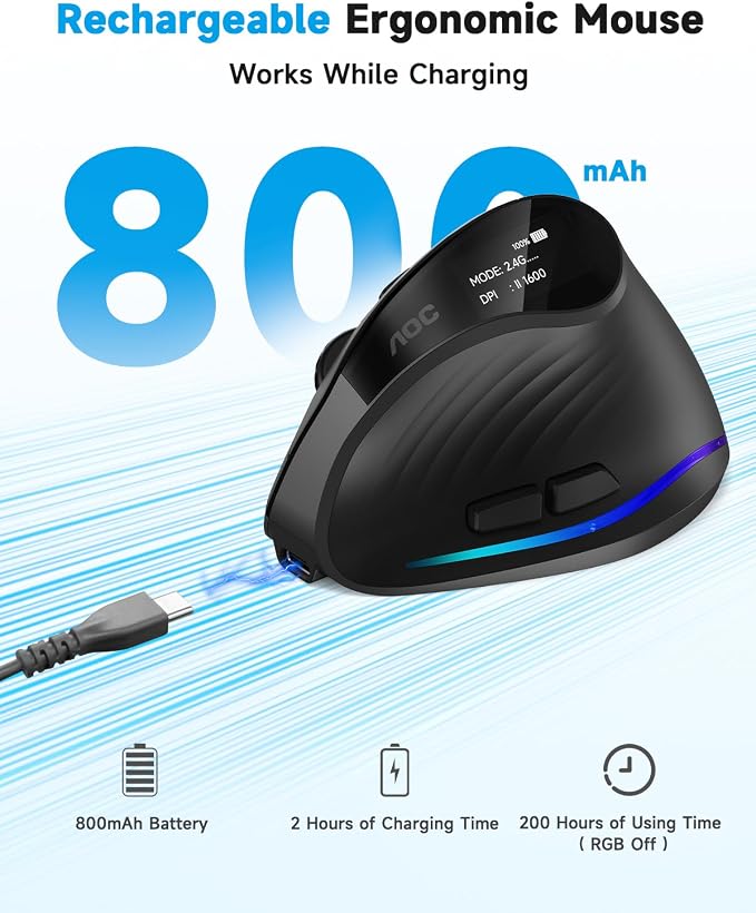 AOC 2.4GHz Ergonomic Mouse, Wireless Bluetooth Vertical Mouse for Work, 4800 DPI Optical Tracking, 5 Adjustable DPI, Quiet Clicks, RGB Light, Compatible with Computer, Laptop, PC, Mac, Desktop - Black