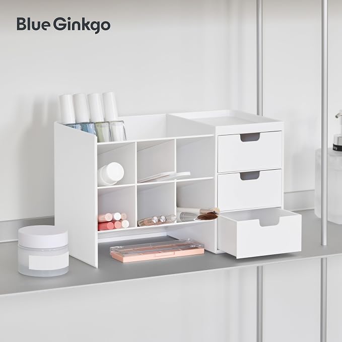 Blue Ginkgo Stackable Desk & Pen Organizer, White, Made in Korea | Multi-Compartment. 3 Drawers. Easy Access.