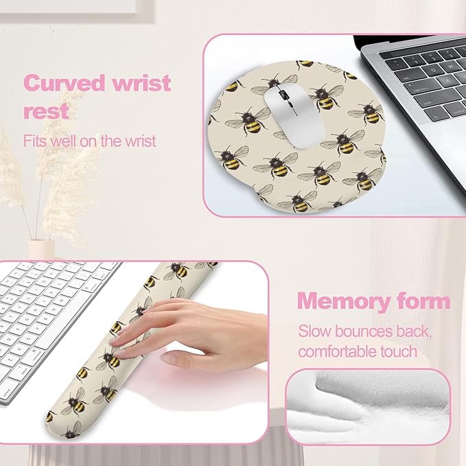 Retro Bee Ergonomic Wrist Support Keyboard Mouse Wrist Rest Set, Computer Office Comfortable Wrist Rest for Mouse Easy Typing