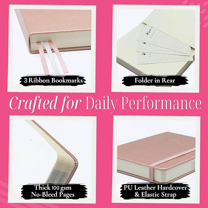 Goal Crazy Undated Daily Planner to Achieve Your Goals - 90 Day Guided Journal & Productivity Organizer with Goal Setting, Habit Tracker, To Do List, Academic & Work Calendar, Leather Hardcover - Rose Gold
