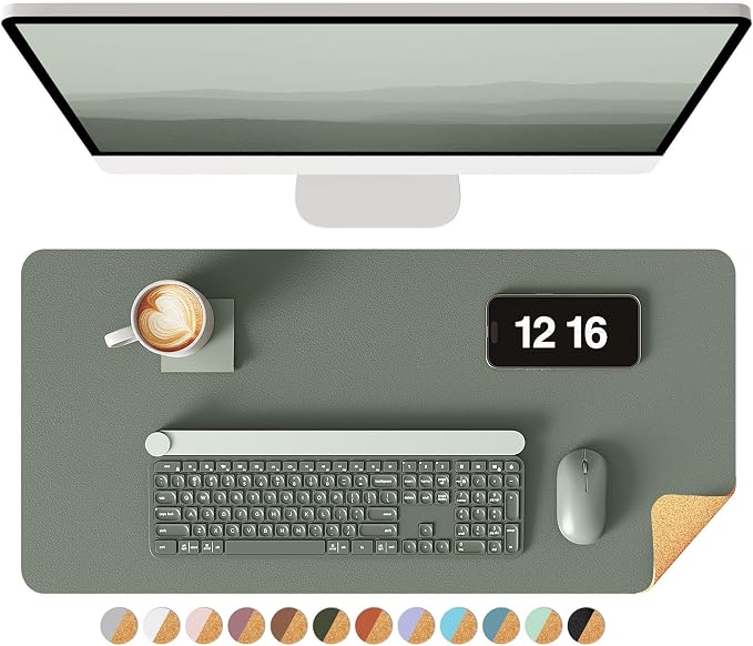 YSAGi Double-Sided Desk Pad, 23.6"x13.7"Leather Desk Mat, Eco Cork Desk Pad Protector,Large Mouse Pad,Waterproof Desk Blotter for Office/Home(Jungle Green)
