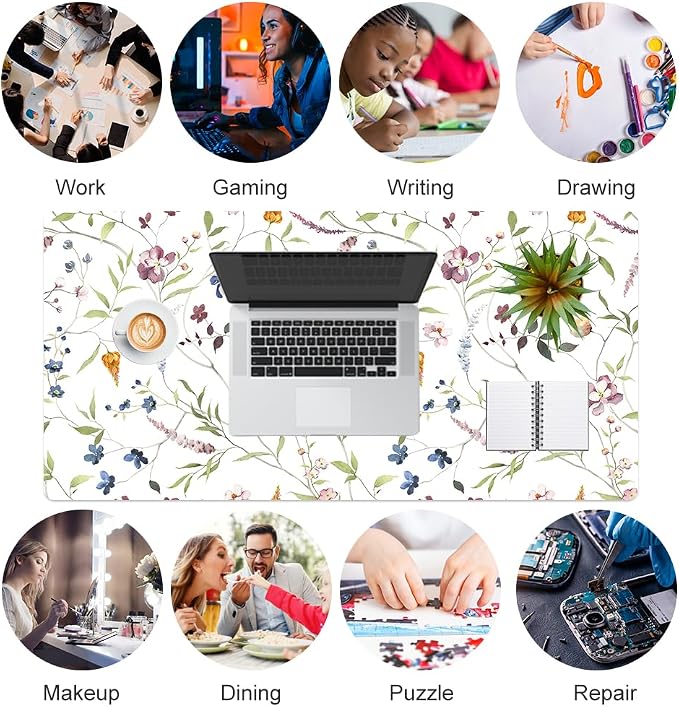 QIYI Floral Mouse Pad, Large Desk Mat for Desktop, Women Girls Watercolor Flowers Office Décor Desk Accessories, PU Leather Waterproof Gaming Mousepad, Wildflowers Desk Pad Computer Mat, 31.5" x 15.7"