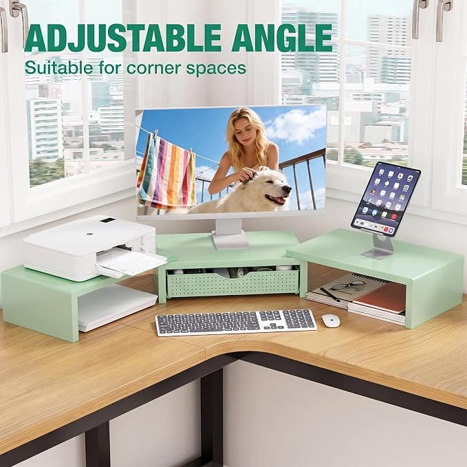 OPNICE Dual Computer Monitor Stand Riser, Desk Organizer with Drawer, Office Desk Accessories & Workspace Organizers for Home Office Supplies, Green