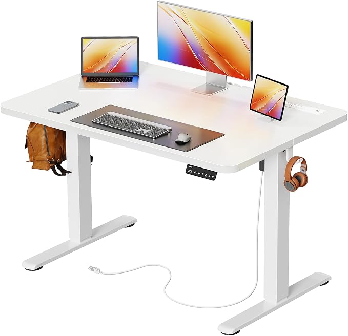 Huuger Electric Standing Desk with Power Outlets and USB-C Port, 39 X 24 Inch Height Adjustable Desk, Sit Stand Desk for Home Office, Computer & Gaming Desk with 4 Presets, Stable Steel Frame, White