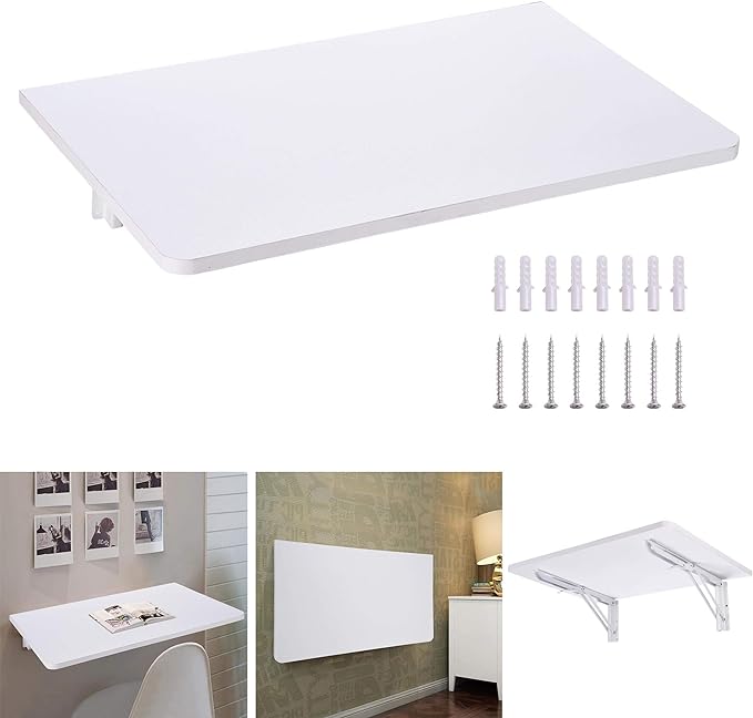 Yescom Wall Mounted Floating Folding Desk Wooden PC Dining Drop Leaf Table Workbench 24"x16" 50lbs Weight Capicity for Study White