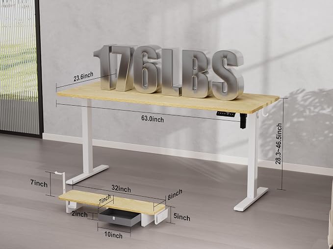 WALKINGDESK 63x24 Inches Electric Standing Desk with Drawer and Monitor Stand, Height Adjustable Sit to Stand up Desk for Home Office, Ergonomic Computer Table with Phone Holder, 3 Hooks, Oak