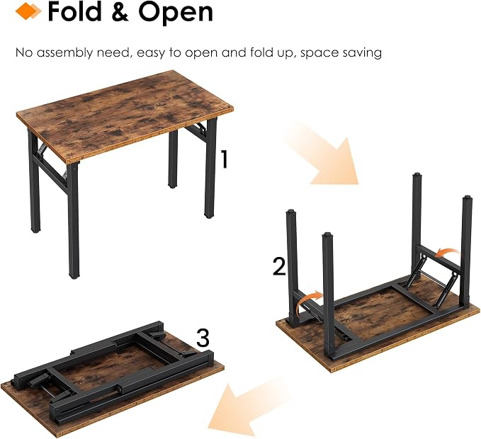 Need 35.8 Inch Folding Desk for Small Spaces, Home Office Computer Desk with Wood Top & Black Frame, Foldable Writing Table for Study, Bedroom, Dorm Room & Student, Rustic Brown
