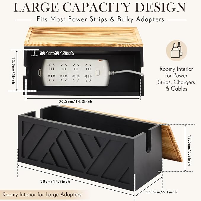 Decorative Cable Management Box, Large Wooden Cord Hider Box for Desk Floor Office, Cord Organizer to Hide Power Strips, Extension Cords, Chargers and Wires, Black
