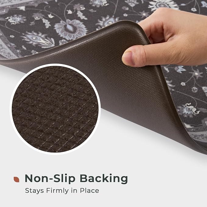 FRESHMINT Vintage Floral Kitchen Mat 2 Piece, 17x30''+17x47'', Ebony Black | Anti-Fatigue, Non Slip, Comfort, Kitchen Decor, Easy to Clean, Waterproof, Perfect for Kitchen, Laundry, Office