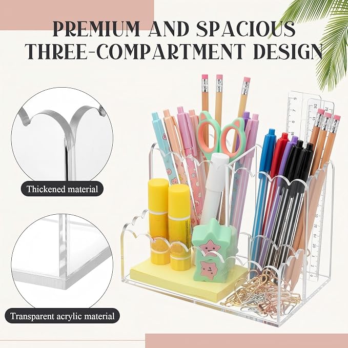 Scalloped Acrylic Pencil Holder for Desk, Clear Pen Organizer with 3 Compartments, Marker Makeup Brush Holder Remote Caddy for Home, Office, Bathroom, Classroom, Table