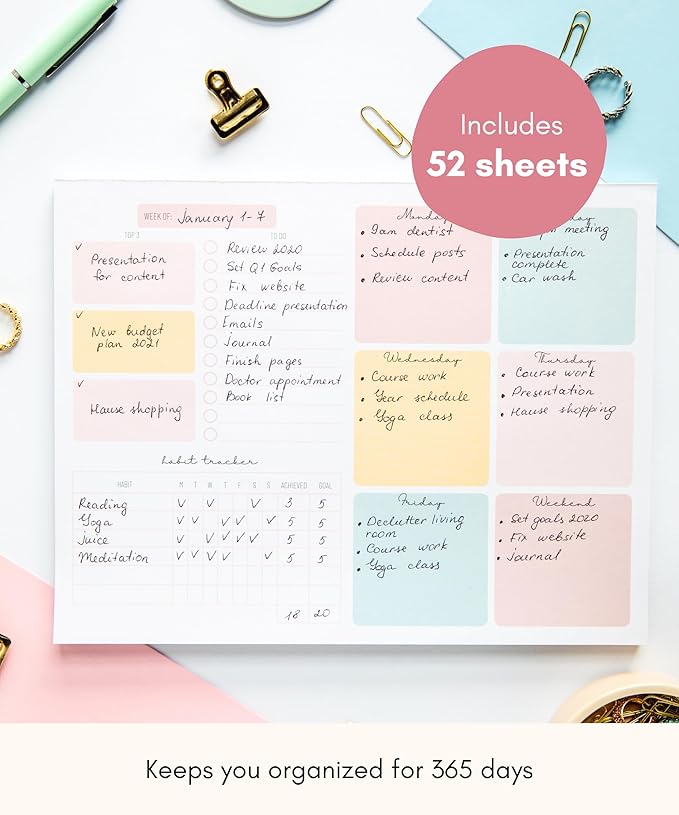 Weekly Planner Notepad Tear Off – 52 Undated Weekly Sheets Daily To Do List Notepad, Habit Tracker, Academic Planner Notebook, Daily Work Planner- Full Year Productivity Planner Weekly To Do List Pad