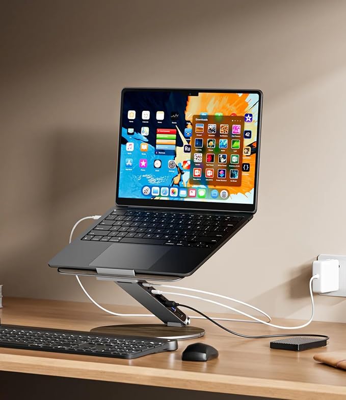 KU XIU Adjustable Laptop Stand with 7-in-1 Hub, Foldable Portable Aluminum Laptop Riser with 360° Swivel Base for Desk, Ergonomic Computer Notebook Stand Holder for All Laptops 10-17"-Gray (Wooden)
