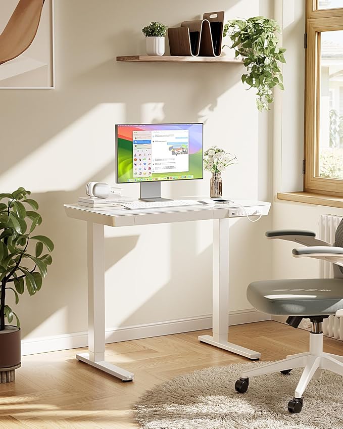 Marsail Glass Standing Desk, 35 x 20 Inch Small Sit Stand Desk | Sit Stand Design, Storage Drawer, One-piece tempered glass top, Compact Home Office Desk,Steady, easy to clean