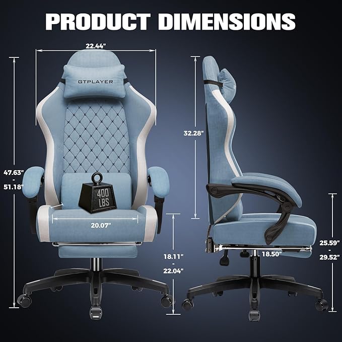 GTPLAYER Big and Tall Gaming Chair 350lbs Heavy Duty Office Chair with Foot Rest, High Back Pocket Spring Ergonomic Computer Chair for Adults,Wide Comfy Seated Cushion with Linkage Armrests,Light Blue