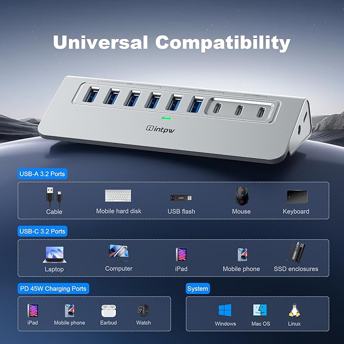 YH6AC Plus Powered USB Hub 10Gbps, 11 Port USB 3.2 Hub(USB A/USB C 3.2+4 USB-A 3.0+2 PD 45W Fast Charging Ports+SD/TF Card Reader), 65W Power Adapter,Aluminum USB HUB for PC,Laptop,iPhone 17/16
