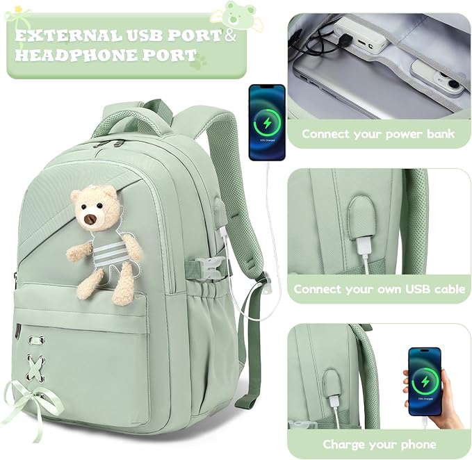 ACESAK School Backpack for Girls - 3 PCS Cute Girls Backpack with Lunch Box & Pencil Case - Kawaii Casual Kids Bookbag School Bag Daypacks Set for Elementary Middle High School Student Teens (Green)