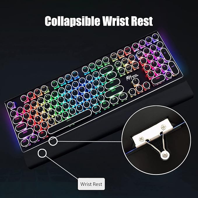 RK ROYAL KLUDGE S108 Typewriter Style Mechanical Gaming Keyboard with RGB Backlit, Wired PC Game Keyboard Full Size with Detachable Wrist Rest and Number Pad, Retro Round Keycaps, Red Switches Black