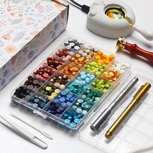 Flower Initial Alphabet S & Eucalyptus Wax Seal Stamp Kit with 2 Brass Head, Electric Wax Seal Warmer, 600 Sealing Beads Ideal for Wedding Invitations Gift Wrapping Christmas (Floral S Kit)