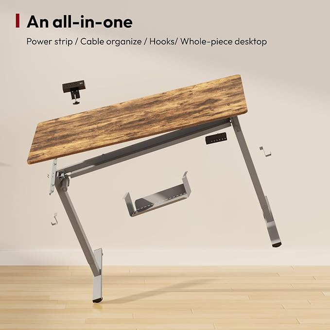 SANODESK Electric Standing Desk with Desk Clamp Power Strip 55"x 28" Whole-Piece Desktop Height Adjustable Stand Up Desk with Cable Management Sit Stand Home Office Desk Silver Frame/Rustic Brown Top