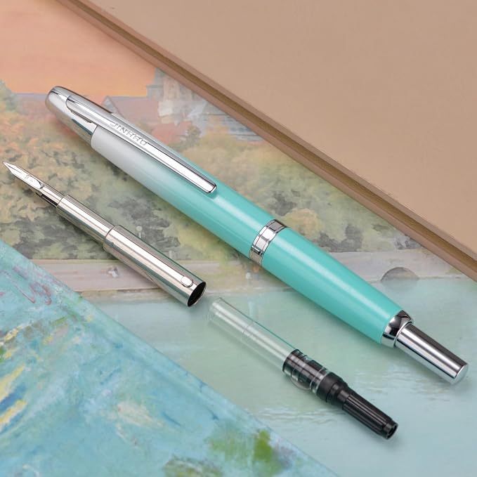 Jinhao 10 Press Fountain Pen with Box, Gradient Mint Green Retractable Fine Nib with Ink Converter Set (Silver Clip)