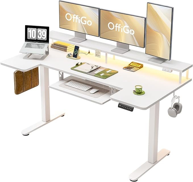 OffiGo U Shaped Electric Standing Desk with Keyboard Tray, 63 Inch Height Adjustable Desk with Power Outlets & LED Lights, Sit Stand Table with Monitor Stand for Home, Office, White