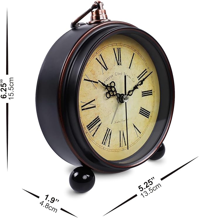 Vintage Analog Alarm Clock Classic2046, 5.25inch | Small Silent Desk Clock, Night Light, Battery Operated, For Table, Bedroom, Bedside, Living Room