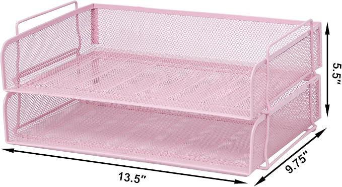 2 Pack Stackable Desk Paper Tray, Metal Mesh Desktop Document Letter File Organizer for Office Home School, 13.5'' L x 9.75'' W x 5.5'' H, Pink