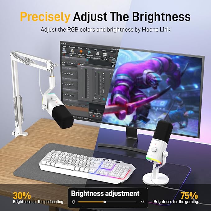 MAONO USB/XLR Podcasting Microphone for PC, Gaming Streaming Dynamic Mic with Mute Button, RGB, Desktop Stand,Computer Mic for Video Studio Recording-PD100X,White