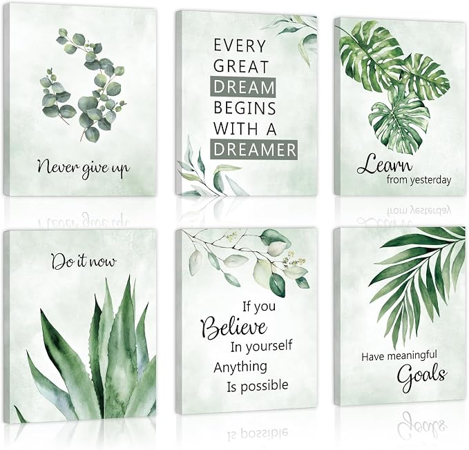 CHDITB Botanical Canvas Wall Art, Sage Green Plant Wall Decor, Inspirational Quotes Framed Poster, Watercolor Eucalyptus Artwork, Boho Mental Health Prints For Office Living Room Bedroom Decor 12”X16”X6