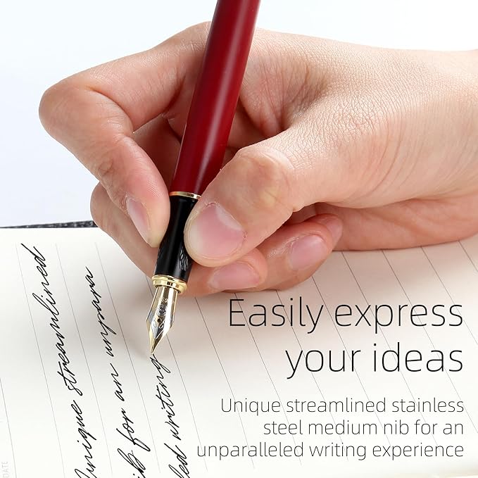 Fountain pen, Stunning luxury pen, Nice pen gift, pure copper heavy feel Office Executive Pen Smooth Writing Pens for Men Funcy Pens with Gift Case 10 black cartridges (Red)