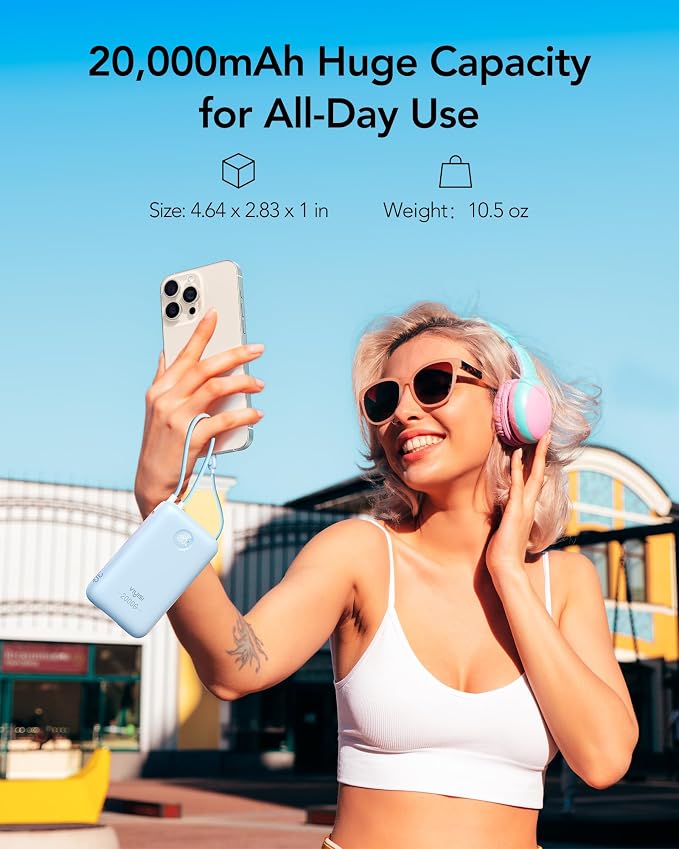 VIYISI Portable Charger 20000mAh 30W Fast Charging, Sky Blue Cute Power Bank with Built-in USB C & Lighting Cables, Compact Aesthetic Battery Pack Compatible with iPhone 17 16 15 Pro Max iPad, iPod