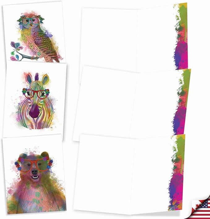 Best Card Co 10 Blank Watercolor Animal Note Cards Box Set 4 x 5 Inch + Envelopes Funky Rainbow Wildlife for Animal Lovers M4948OCB-B1x10-NB
