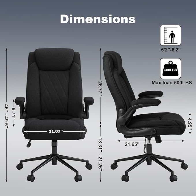 ralex-chair Big and Tall Fabric Office Chair 500lbs with Flip Up Arms | High Back Office Desk Chair with 120° Tilt Rock,Computer Desk Chair with Adjustable Height- Black