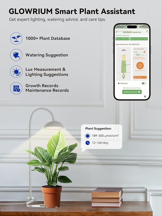 GLOWRIUM Smart Grow Lights for Indoor Plants,10W Full Spectrum Plant Lights with Bluetooth App Control, 360° Flexible Gooseneck Grow Lamp, Auto Timer 3/9/12Hrs, 10 Brightness for Small Plants (White)
