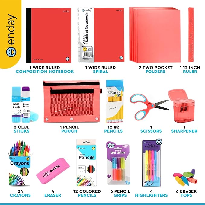 Enday Back to School Supplies for Kids, Red School Supply Box Grades K-5, Premium Quality Kids School Supplies Kit, Kindergarten School Supplies for Girls and Boys, 71 Piece Set