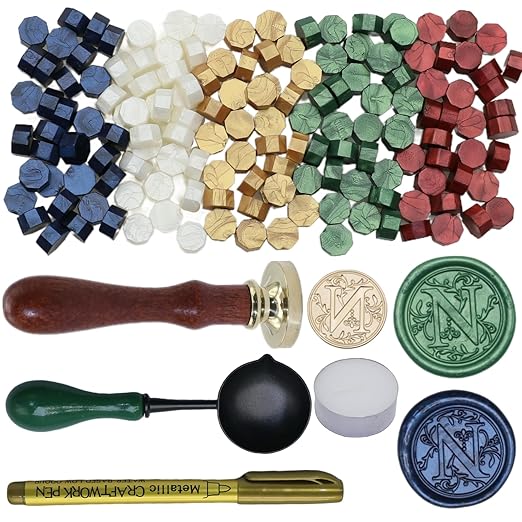 Initial Alphabet Wax Seal Stamp Kit, Retro Letter N Sealing Stamp with 150Pcs Sealing Wax Beads Spoon Pen Set for Wedding Invitations Cards Envelopes (N)